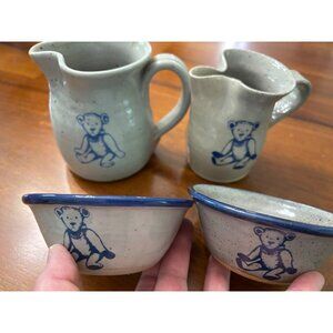Vtg Bastine Stoneware Teddy Bear Pitcher Creamer‎ & Bowl Set 4 Pc